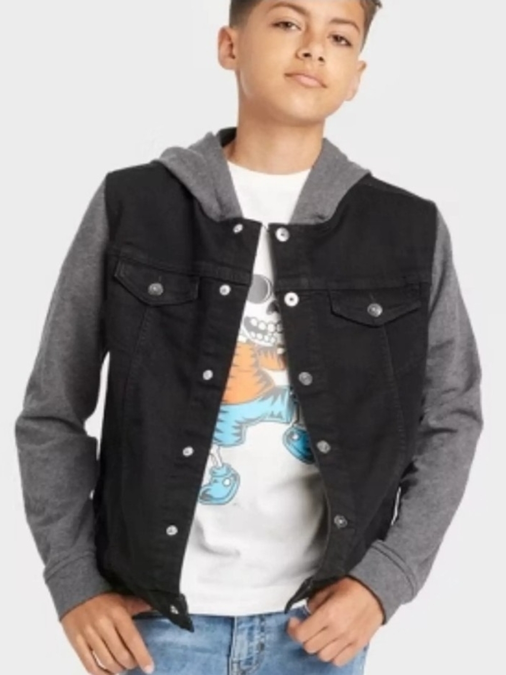 art class Black Denim-Front Jacket with Gray Hoodie Sleeves